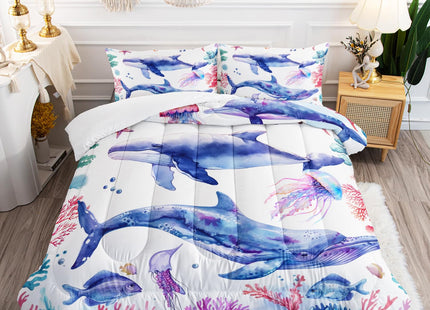 XYNHML Whale Jellyfish Shark Bedding Dolphin Coral Comforter 3Pcs Twin Underwater Fish Starfish Quilt Set for Kids Teens Girls Boys Clownfish Seaweed Bed Decor Set with 1 Comforter and 2 Pillowcases