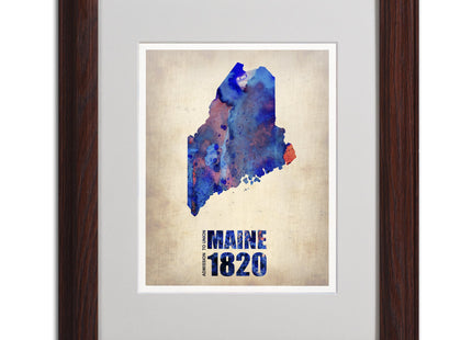 Trademark Fine Art Maine Watercolor Map by Naxart Matted Framed Art, 11 by 14-Inch, Wood Frame