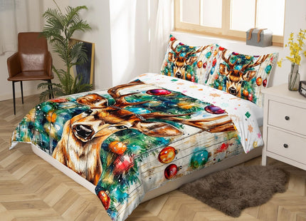 Cabin Deer Duvet Cover Set Twin Size,Tie-dye Christmas Tree Wooden Plank Rustic Bedding Set,Boys Girls Room Decor,Wild Animal Farmhouse Comforter Cover,Brown Quilt Cover,1 Pillowcase,No Comforter