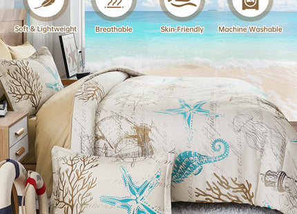 Comforter Set King Size Coastal, Beach Themed Comforters,7 Pieces Ocean Starfish Bed in a Bag Nautical Bedding with Sheets for Spring Summer