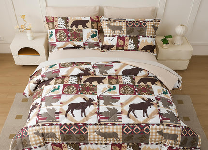 Smuge Lodge Moose Comforters Queen Size Set - 7 Pieces Lightweight Bed in a Bag Bear Rustic Cabin Country Comforter Sets Queen Bed, Down Alternative Bedding Sets, Sheets, Pillowcases & Shams(Red)