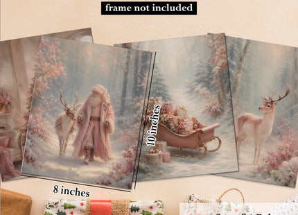 DOFQZ Pink Christmas Tree Santa Deer Wall Art Prints 8x10 Set of 4