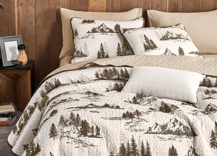 Wake In Cloud - Rustic Quilt Set, Cabin Forest Woodland Camping Theme with Lodge Mountain Print, Reversible Lightweight Bedspread Coverlet, 3 Pieces, Beige Brown, Queen/Full Size