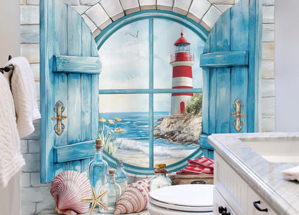 Extra Long Beach Lighthouse Teal Blue Ocean Sea Bathroom Shower Curtain Set
