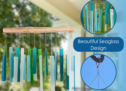 Ocean Blue Sea Glass Driftwood Wind Chime, Handcrafted Coastal, 15 Inch