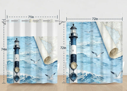 No Hook Shower Curtain with Snap in Liner Set, Nautical Lighthouse & Map Waterproof Shower Curtains for Bathroom Decor, Washable Fabric Shower Curtains with Sheer Top Window and Built-in Weighted Hem