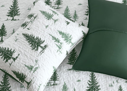 HORIMOTE HOME Green Quilt Set Queen Size 3 Pieces, Reversible Fine Printed Bedspreads with Forest Tree Pattern, Soft and Lightweight Bed Coverlet Bedding Sets for All Season