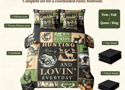 Feelyou Big Pike Fish 7 Pieces Bed in a Bag Set Deer 7 PCS Comforter Set with Sheets for Kids Boys Girls Fish and Hunt Comforter Set with Sheets Antlers Fish Fishing Rod Bed in a Bag