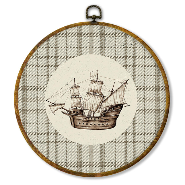 Hiuwevt Vintage Coastal Sailboat Round Wall Art Decor, Neutral Nautical Framed Canvas Prints, Retro Plaid Ocean Beach Round Wall Hanging Decor for Home Bedroom Living Room Decorations, 10x10 Inches
