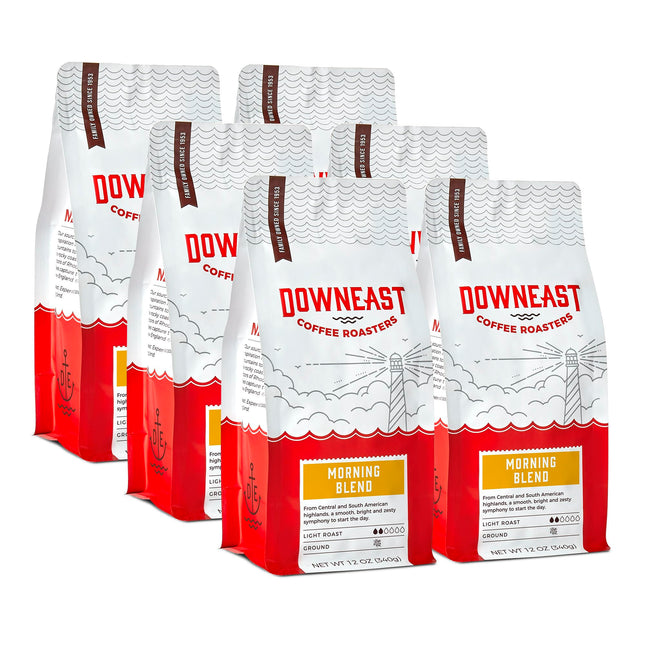 Downeast Coffee Roasters Ground Coffee - Morning Breakfast Blend, Light Roast, 100% Arabica Coffee - Smooth, Bright and Balanced - South American Highlands Ground (12oz bag, Pack of 6)