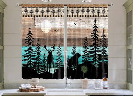 Bawpkn Forest Deer Kitchen Curtains Country Rustic Farmhouse Short Cafe Curtains Decor for Dining Room Retro Tree Bear Deer Rod Pocket Window Drapes 2 Panels 26x36 Inch