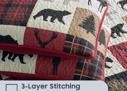 Wake In Cloud - Rustic Quilt Set, Cabin Lodge Christmas Bear Moose Deer Wildlife Western Patchwork Country, Reversible Lightweight Bedspread Coverlet, 3 Pieces, Burgundy Black, Queen/Full Size