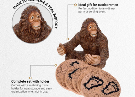 Pine Ridge Rustic Chic Drink Coaster Set with Holder for the Man Cave Old West Decor Rustic Hunter Cabin Theme Cabin Dining Furniture Gun Gifts for Men (Bigfoot Sasquatch Brown)