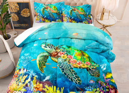XYNHML Kids Turtle Rose Comforter Set Queen Beach Theme Jellyfish Starfish Bedding Set Sea Animal Reptile Bed Set with 2 Pillowcases for Boys Girls Room Decor