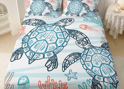 HOSIMA Beachy Sea Turtle Bedding Set Queen,1 Fitted Sheet+2 Pillowcases.