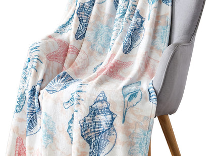 Ocean Life Coastal Fleece Throw Blanket, Starfish Shells, 50x70, Oversized