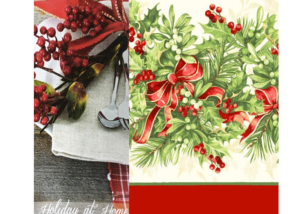 Newbridge Christmas Holly Ribbon Traditions Bordered Set of 4 Fabric Placemats, Boughs of Holly and Berry Ribbon Garland Dining Placemats for Holiday Party