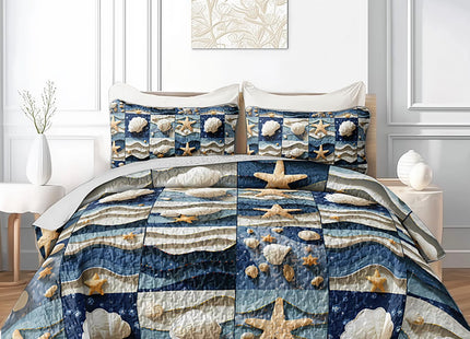 QOOMO Coastal Quilt Set Full Queen Size, 3 Pieces Summer Seashell Starfish Printed Bedspreads Coverlet Set, Soft Microfiber Lightweight Beach Nautical Bedding Set with 2 Pillowcases for All Season