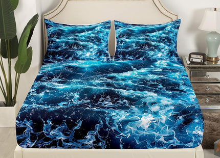 Erosebridal Blue Waves Bed Sheets Set Queen Size Ocean Sea Sheet Set Summer Theme Print Sheets Marine Water Grain Nautical Deep Pocket Top Sheet with 2 Pillow Cases