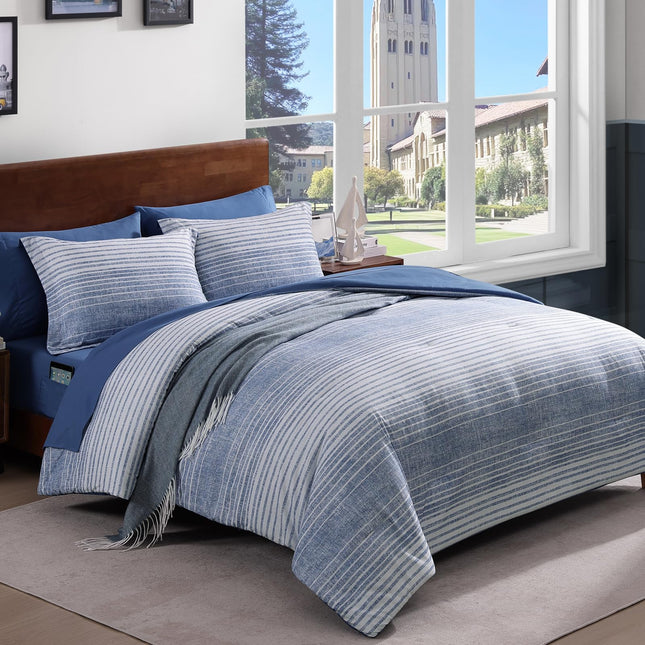 Queen Comforter Set Striped Ocean Blue Coastal 7 Pieces Bed in a Bag