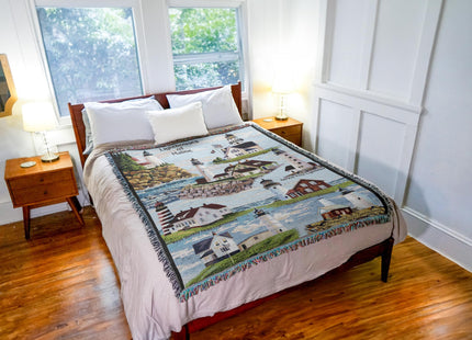 Lighthouses of Maine Blanket - Bass Harbor Cape Elizabeth Halfway Rock Sequin Neddick West Quoddy Portland Pemaquid - Coastal Ocean Gift Tapestry Throw Woven from Cotton - Made in the USA (72x54)