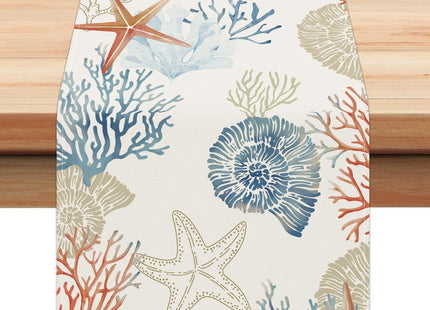 Bonhause Nautical Coastal Table Runner 13x72 Inch Ocean Themed Starfish Coral Conch Beach Kitchen Dinning Table Decoration for Indoor Outdoor Home Party Decor