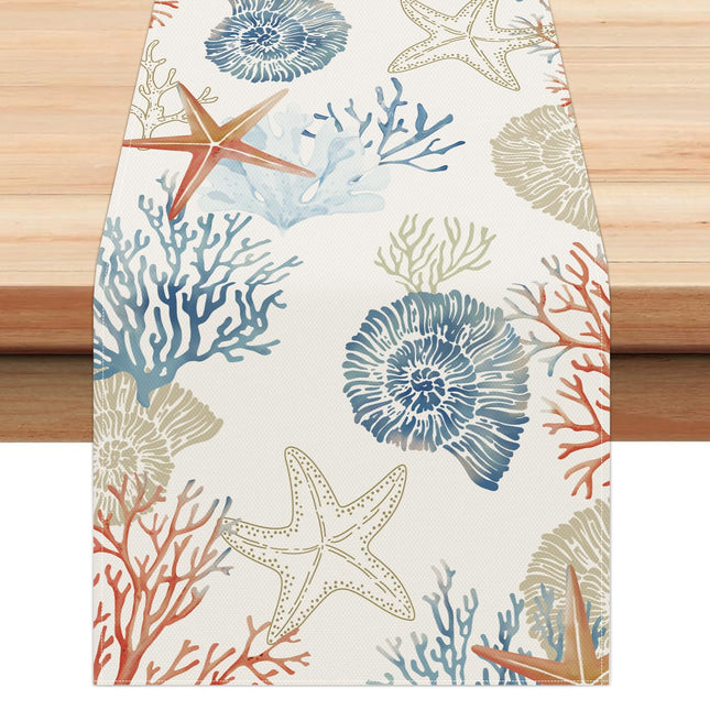 Bonhause Nautical Coastal Table Runner 13x72 Inch Ocean Themed Starfish Coral Conch Beach Kitchen Dinning Table Decoration for Indoor Outdoor Home Party Decor