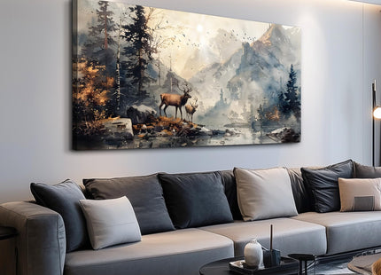 FUHAIHUA Canvas Wall Art for Living Room, Mountain Forest Deer Landscape 30x60 Inches