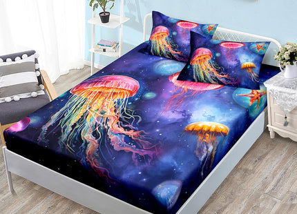 HOSIMA Blue Purple Fitted Sheet Set Queen Size Jellyfish Decor,Jellyfish Starfish Underwater World Bedding for Girls Room Decor,Nautical Sea Life Kids Fitted Sheet Set,1 Fitted Sheet+2 Pillowcases.