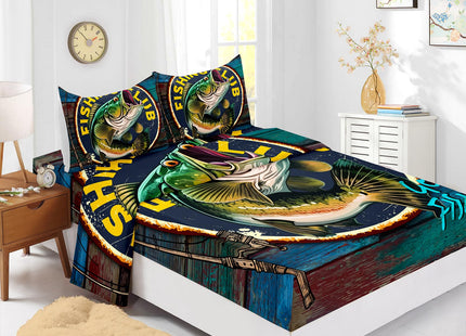 Nttopship Big Pike Fish 4 Pieces Bed Sheet Sets Queen Size Hunting and Fishing Bedding Sets with 16" Deep Pockets Fishing Bedroom Decor,Bedding Set 4 PCS(1 Fitted+1 Flat+2 Pillowcases)