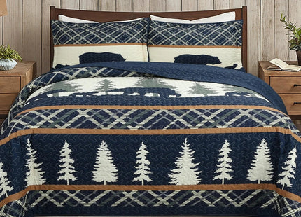 MarCielo 3-Piece Rustic Cabin Lodge Bear Quilt Set - Country-Themed Bedspread with Matching Pillow Shams