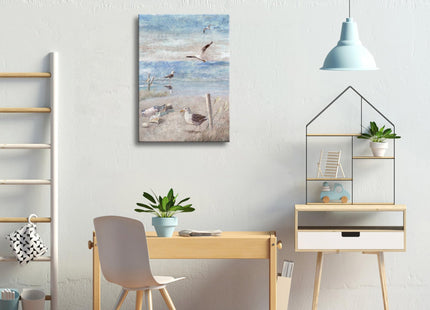 Pyradecor Large Abstract Seaside Seagull Seascape Painting Perching Bird by The Seashore Coastal Beach Canvas Wall Art for Bathroom Living Room Office Decor 20x28inch