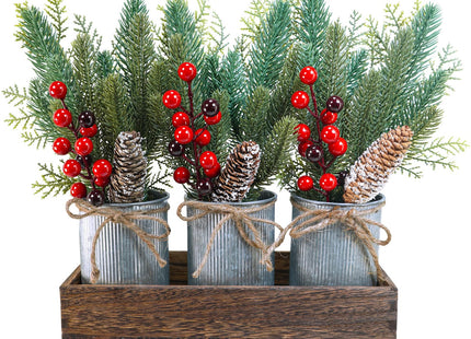 Winlyn Christmas Farmhouse Centerpiece Rustic Wood Tray 3 Galvanized Pots with Artificial Pine Cedar Red Berry Snowy Pinecone Christmas Arrangement Table Decoration for Holiday Home Kitchen Mantel