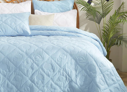 EVENHUG Coastal Quilt Set Twin Size Reversible Summer Ocean Beach Themed Bedding with Pillow Shams Lightweight Blue Nautical Coral Seahorse Bedspread Coverlet for All Season 2 Piece (68''x86'')