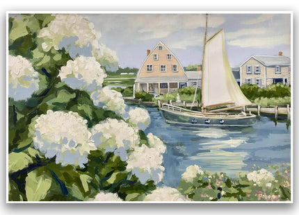 Vintage Sailboat Poster Hydrangea Coastal Picture 16x24 Inch Unframed