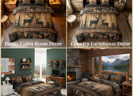 Erosebridal Rustic Cabin Bedding Sets 7 Piece Camo Hunting Deer Comforter Set Full Farmhouse Woodland Animal Bed in A Bag for Kids Boys Teen Men,Tree Camouflage Wildlife Sheet Set with Comforter