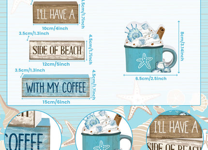 Lineshading 4 Pcs Beach Coastal Wooden Block Signs with Coffee Cup Summer