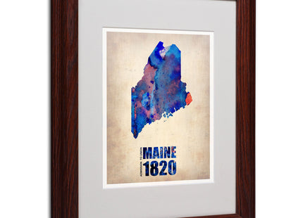 Trademark Fine Art Maine Watercolor Map by Naxart Matted Framed Art, 11 by 14-Inch, Wood Frame