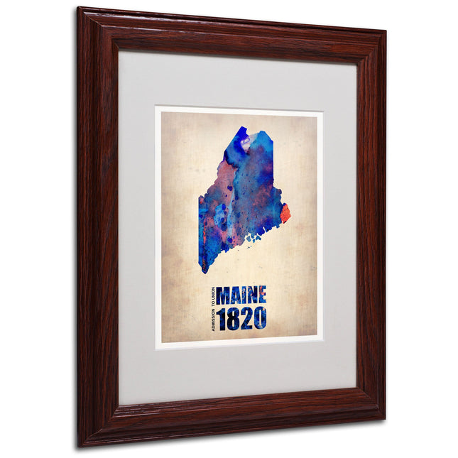 Trademark Fine Art Maine Watercolor Map by Naxart Matted Framed Art, 11 by 14-Inch, Wood Frame