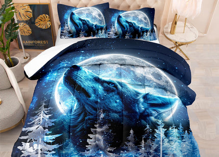AILONEN Boys Wolf Bedding Set Full,Blue Starry Moon Wolf Comforter Set,Ice Howling Wolf Forest Printed Wildlife Kids Men Soft Comforter with 2 Pillowcases,3-Piece