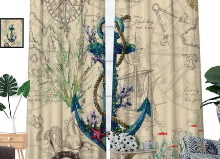 Kazynee Nautical Ocean Anchor Room Darkening Blackout Window Curtains with Grommets,Retro Wooden Rustic Underwater World Compass Anchor Energy Efficient Window Treatment 2 Panels 72L x 31.5W