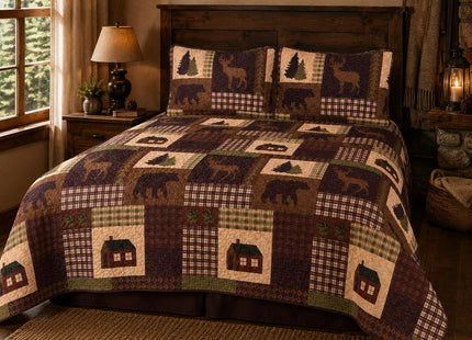 Rugs 4 Less Rustic Western Lodge Quilted Plaid Reversible Bedspread Set with Wildlife Imagery of Grizzly Bear Elk Buck and Pine Trees in Dark Brown - Alpine Trail (Full/Queen)