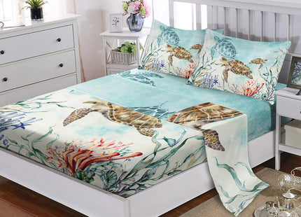 CVHouse Sea Turtle Bed Sheets Set, Twin Size, Ocean Watercolor Bedding, 1 Flat & 1 Fitted Sheet with 2 Pillow Cases - 4 Pieces