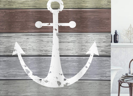 Ambesonne Anchor Shower Curtain, Grunge Style Nautical Ornament Timeworn Matine Pattern on Rustic Wooden Planks, Cloth Fabric Bathroom Decor Set with Hooks, 69" W x 70" L, Green Umber