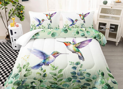 AILONEN Hummingbird Comforter Set Twin Size, Boho Green Forest Leaf Hummingbird Bedding Set for Kids Bedroom,Cute Birds Animals Themed Duvet Set,1 Soft Quilt and 2 Pillowcases,3-Piece