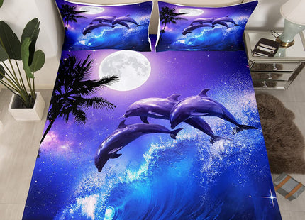 Dolphin Fitted Sheet,Cute Dolphins Jumping in The Moonlight Ocean Waves Beach Theme Sheet Set,Soft Decorative Fabric Bedding All-Round Elastic Pocket,Twin Size,Blue Purple