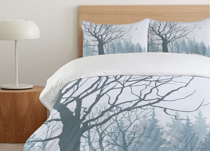 Ambesonne Winter Duvet Cover Set, Winter Season Theme a Tree Without Leaves in The Snowy Forest and Flying Birds, Decorative 3 Piece Bedding Set with 2 Pillow Shams, Queen Size, Petrol Blue