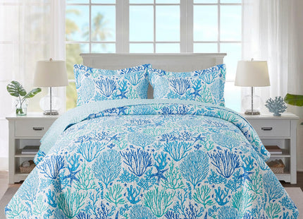 Travan Coastal Quilt Summer & All Season Lightweight Beach Quilt Bedding Set, Blue Coral Queen