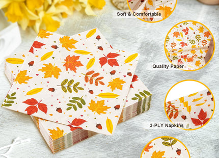 100 PCS Fall Cocktail Napkins, 3-Ply Maple Leaf Acorn Paper Napkins
