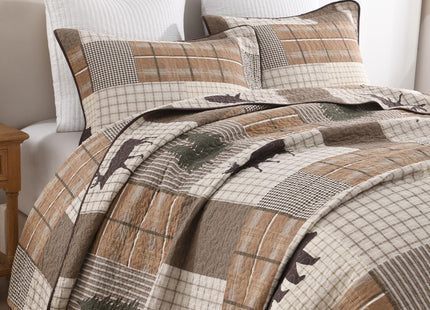 Uniclinens 100% Cotton Quilts King Size - Farmhouse Cabin Lodge Bear Deer Tree King Quilt Set, Soft Patchwork Plaid Bedspread Lightweight Quilted Comforter with 2 Pillow Shams, Green/Brown/Cream